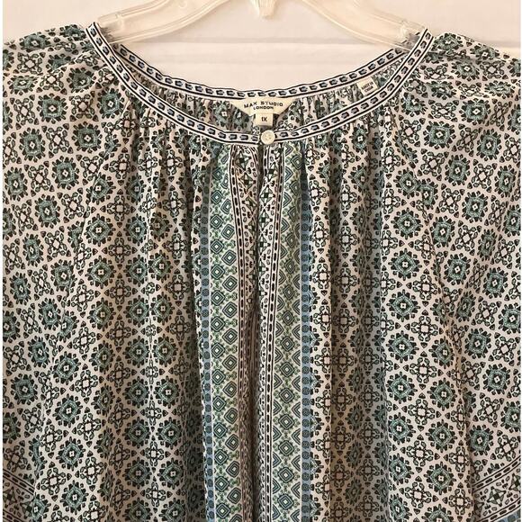 Max Studio Cottagecore Blouse Womens Size 1X Green Blue Keyhole Neck Boho Work - Picture 2 of 16